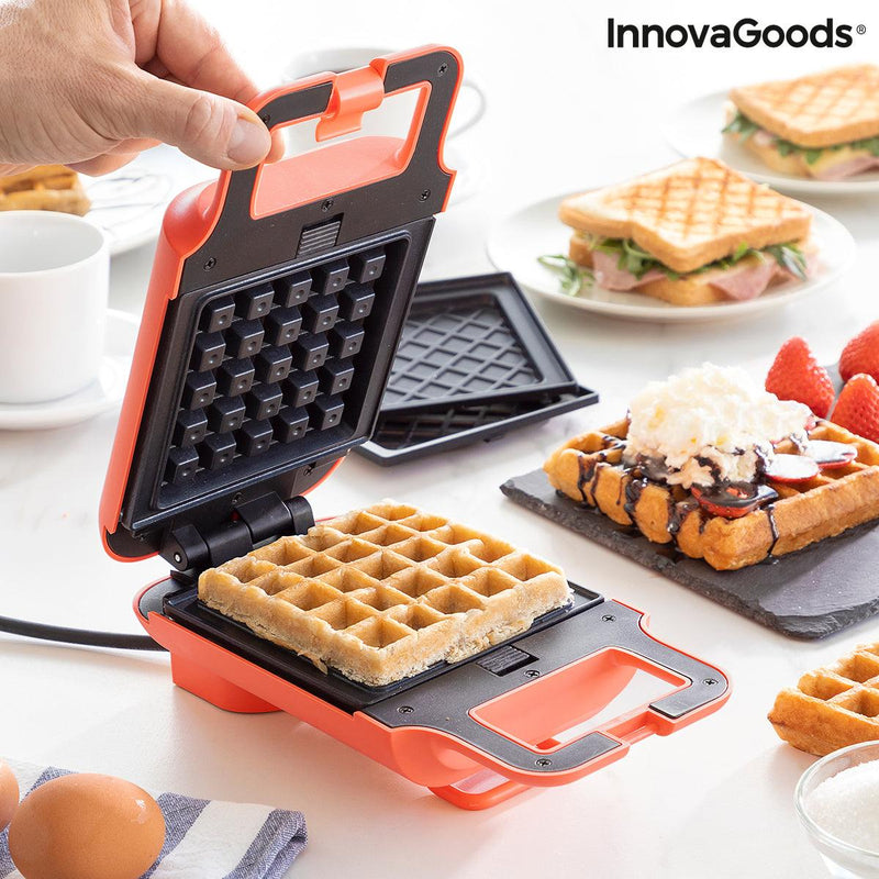 Máquina de Waffles e Sanduíches 2 em 1 com Receitas Wafflicher InnovaGoods Preto Vermelho 600 W (Recondicionado A+) - debemcomavida.pt