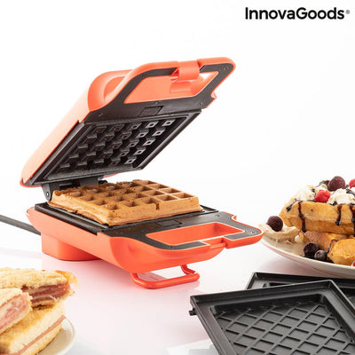 Máquina de Waffles e Sanduíches 2 em 1 com Receitas Wafflicher InnovaGoods Preto Vermelho 600 W (Recondicionado A+) - debemcomavida.pt