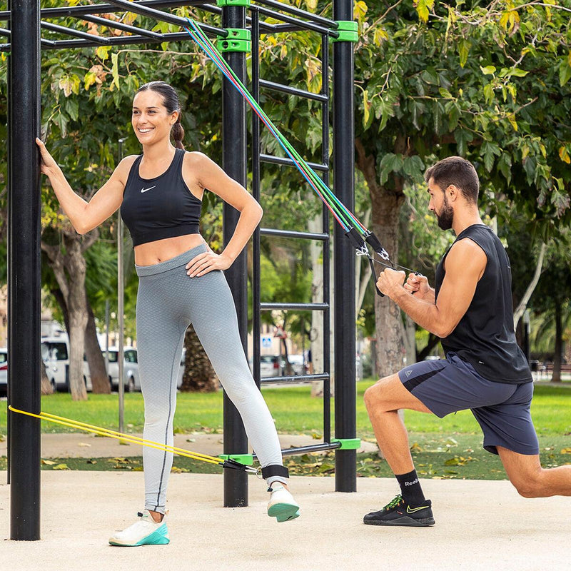 Conjunto de Elásticos de Resistência com Acessórios e Guia de Exercícios Rebainer InnovaGoods (pack de 5) - debemcomavida.pt